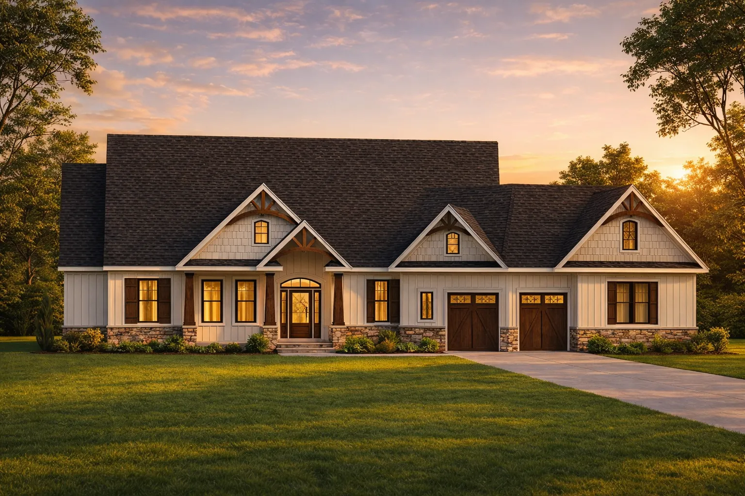 New American Ranch Style Home Exterior with Board and Batten Siding