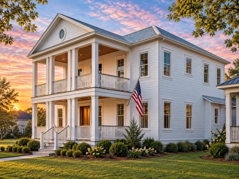 Front elevation of a Colonial style Southern home featuring horizontal siding, double-story covered porches, and classic symmetrical design