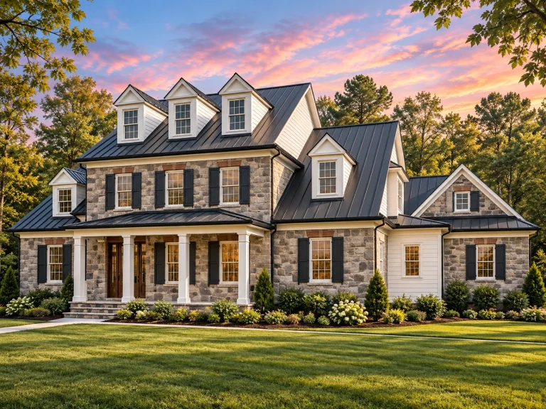 Front view of a Colonial-style home with stone and siding exterior, dark green shutters, and a standing seam metal roof, showcasing timeless traditional architecture
