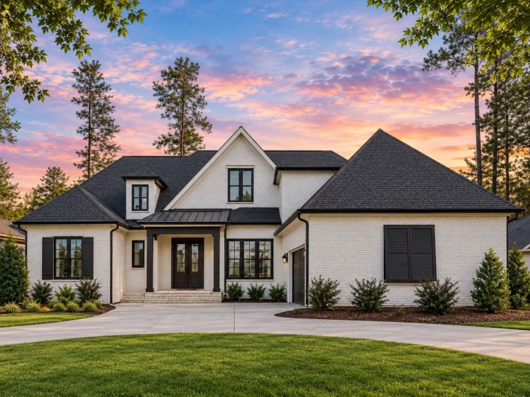 Front exterior of a New American style home featuring painted brick, lap siding accents, steep gabled rooflines, and balanced modern traditional architecture