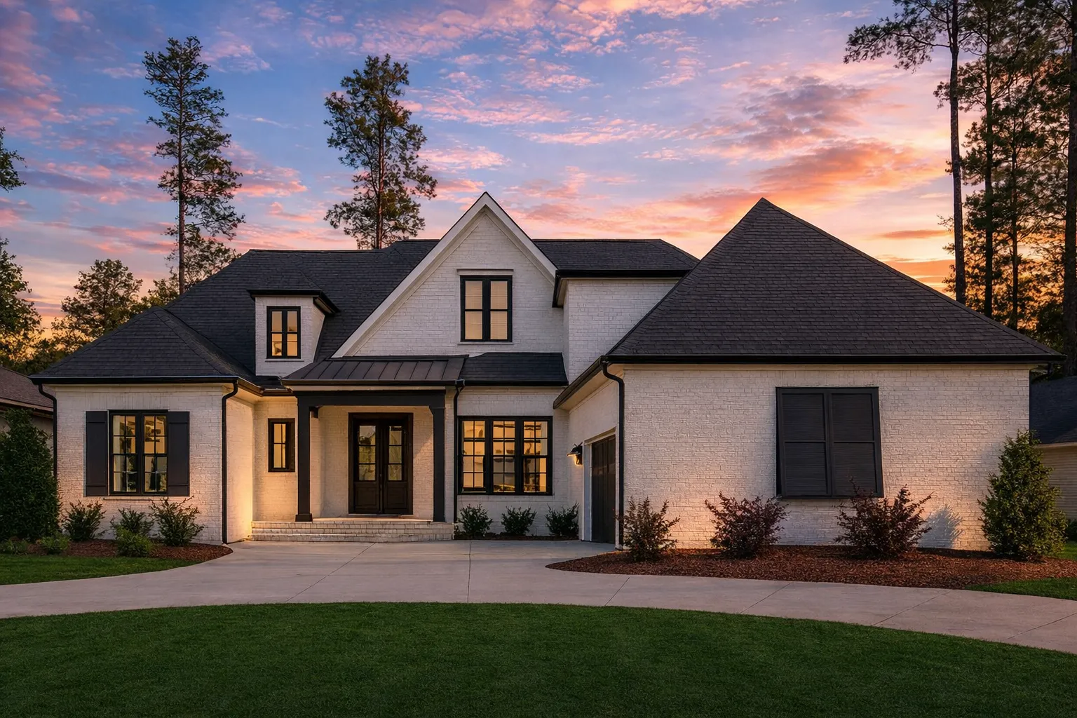 Front exterior of a New American style home featuring painted brick, lap siding accents, steep gabled rooflines, and balanced modern traditional architecture
