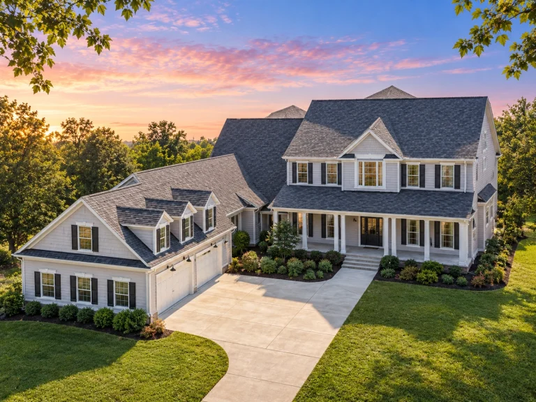Front elevation of a Traditional Colonial style home featuring horizontal siding, brick foundation accents, symmetrical windows, and a full-width covered porch