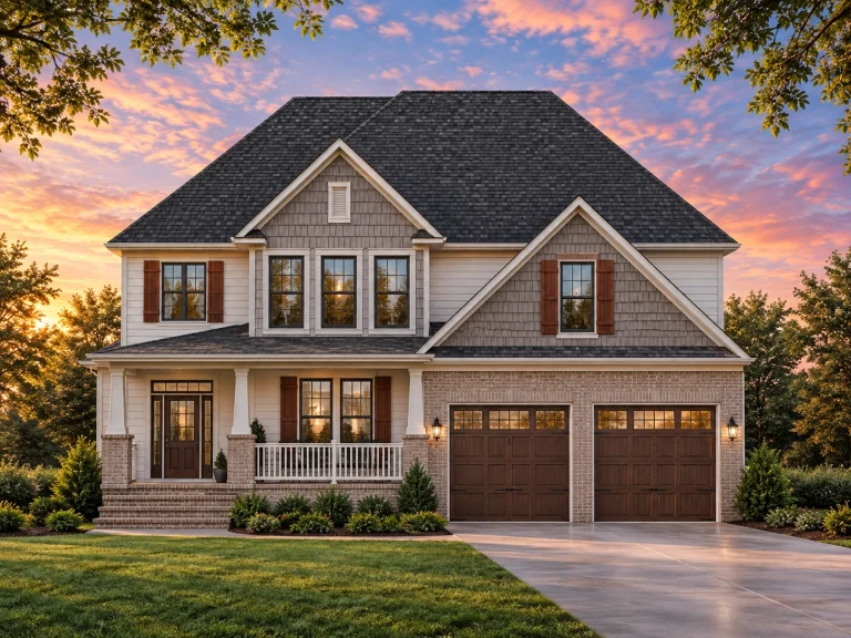 House Plans with Fireplace 16 Front elevation of a New American modern traditional house with horizontal siding, stone accents, covered porch, and attached two-car garage