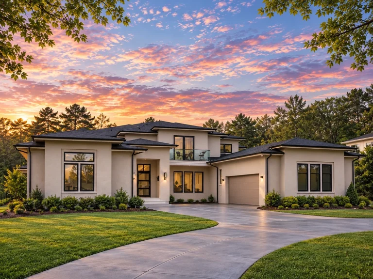 Front exterior of a modern transitional house featuring smooth white stucco, dark low-profile rooflines, large windows, and a curved driveway