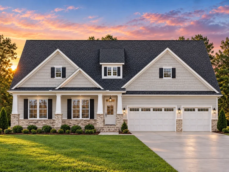 Front elevation of a New American style farmhouse home with horizontal siding, stone accents, gabled roof, and attached garage