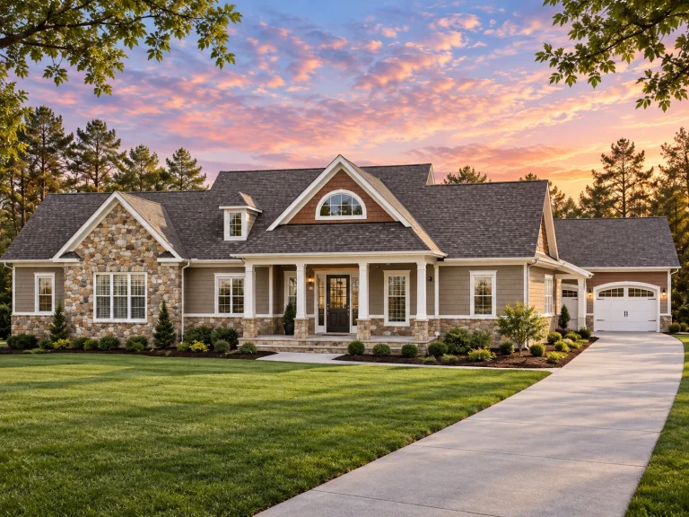 Front elevation of a Traditional Ranch style home featuring brick and horizontal siding, symmetrical windows, covered entry porch, and side-entry garage