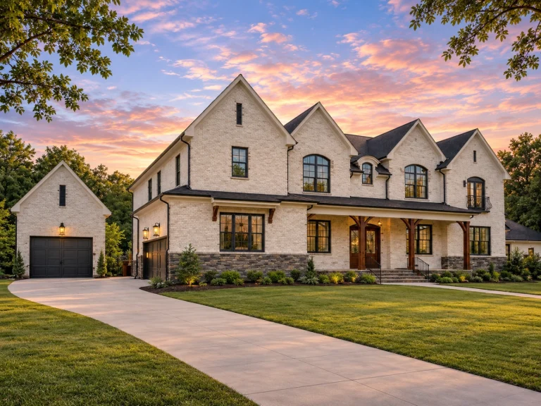 Front view of a French Country style home with painted white brick, stone foundation, black window trim, and wood columns framing the front porch entry
