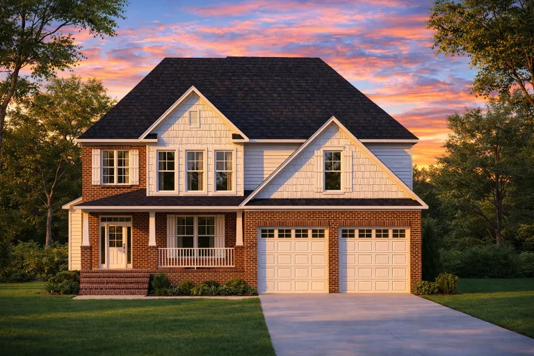Front elevation of a New American modern traditional house with horizontal siding, stone accents, covered porch, and attached two-car garage