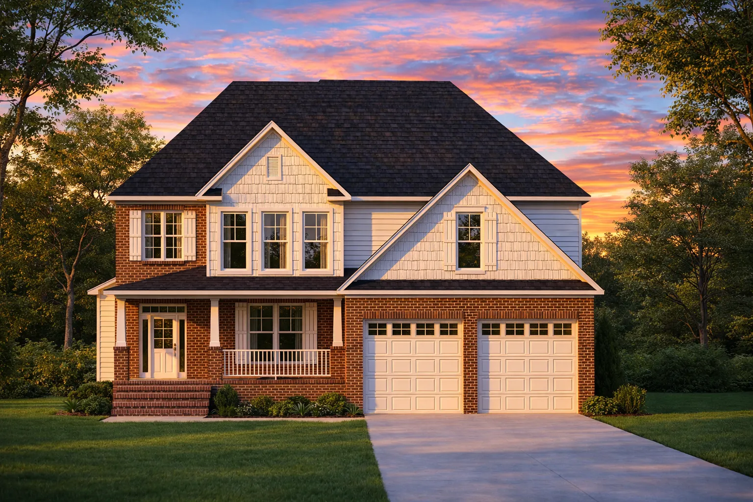 ADU House Plans 27 Front elevation of a New American modern traditional house with horizontal siding, stone accents, covered porch, and attached two-car garage