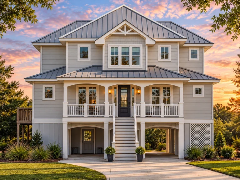 Log Cabin House Plans 6 Front elevation of a Coastal Low Country style home with board and batten siding, raised pier foundation, covered porches, and symmetrical Southern architecture