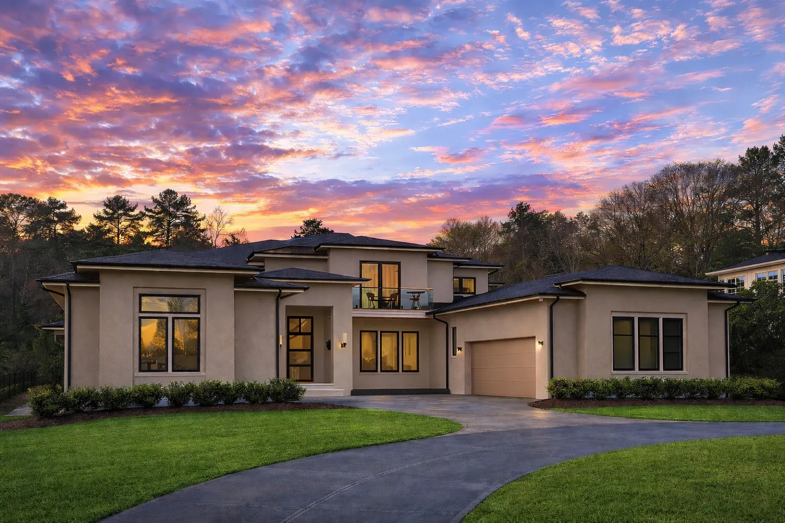 Front exterior of a modern transitional house featuring smooth white stucco, dark low-profile rooflines, large windows, and a curved driveway