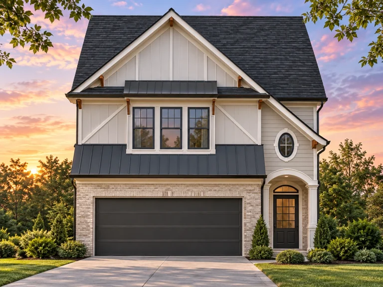 Barndominium House Plans 15 Front elevation of a two-story Traditional New American style home featuring brick on the first floor, horizontal siding above, and board and batten gable details