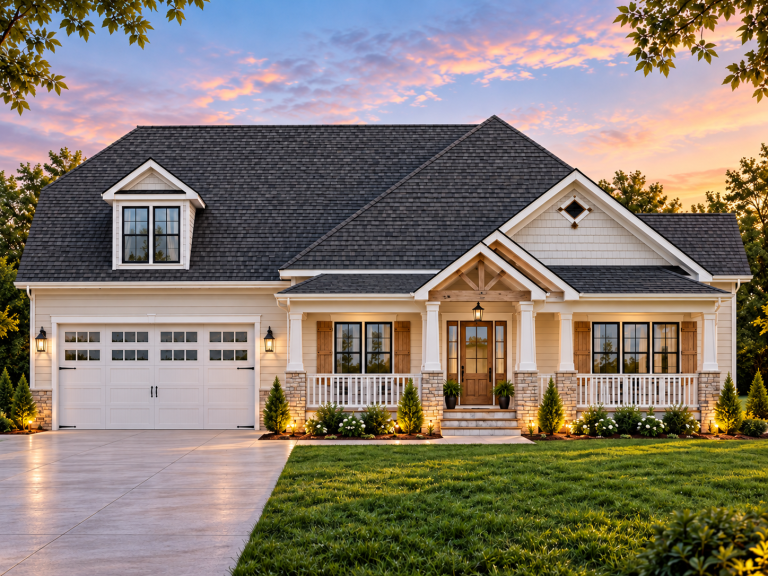 Front elevation of a Traditional Ranch style home featuring Craftsman details, stone accents, horizontal siding, dormer window, and a welcoming covered porch