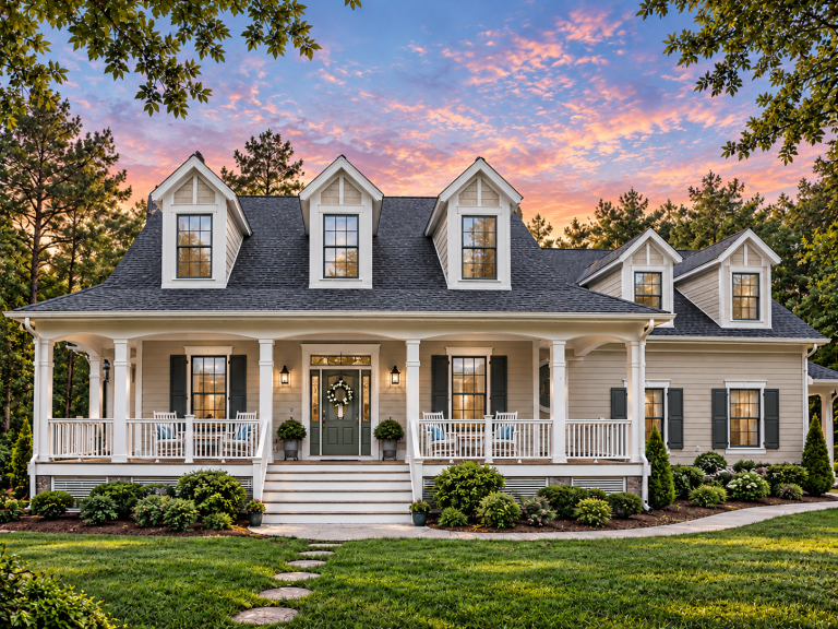 Single Family House Plans 10 Front elevation of a Coastal Farmhouse style home featuring horizontal lap siding, dormer windows, and a wide covered front porch