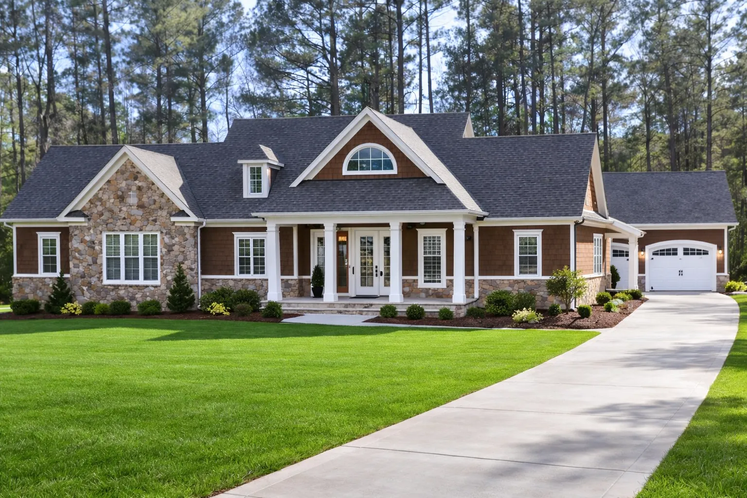Front elevation of a Traditional Ranch style home featuring brick and horizontal siding, symmetrical windows, covered entry porch, and side-entry garage