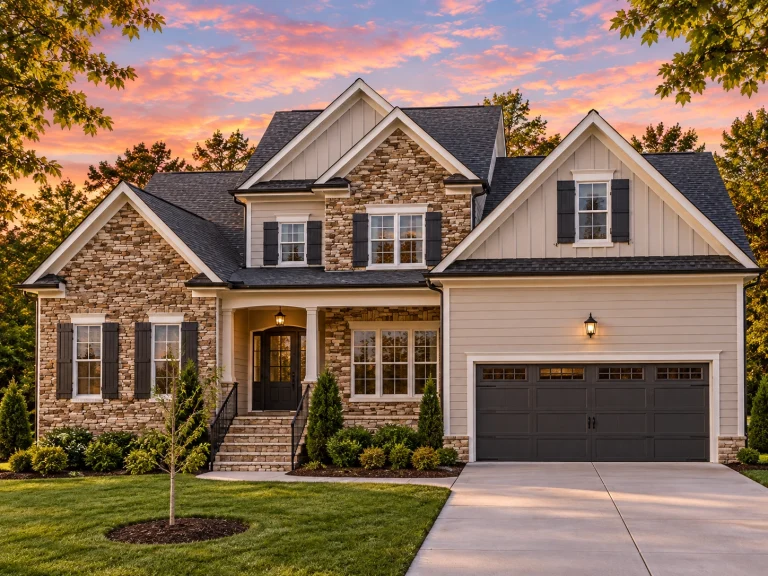 Front elevation of a New American style house with stone accents, horizontal siding, gabled rooflines, and an attached two-car garage