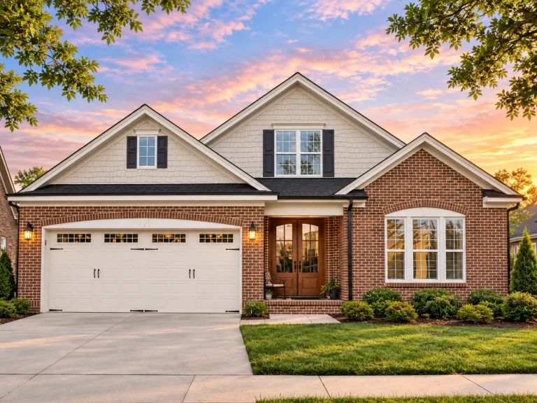 Front elevation of a Traditional Colonial Revival style brick home with symmetrical windows, gabled rooflines, and arched entry