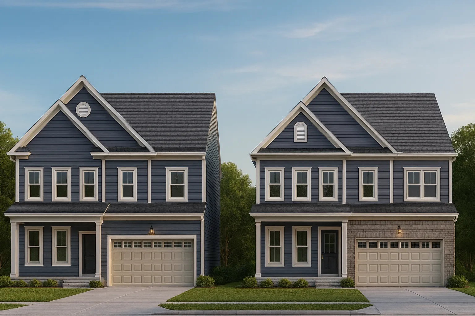 Front view of a Modern Farmhouse style two-story home featuring board and batten siding with stone accents, black window trim, and a two-car garage