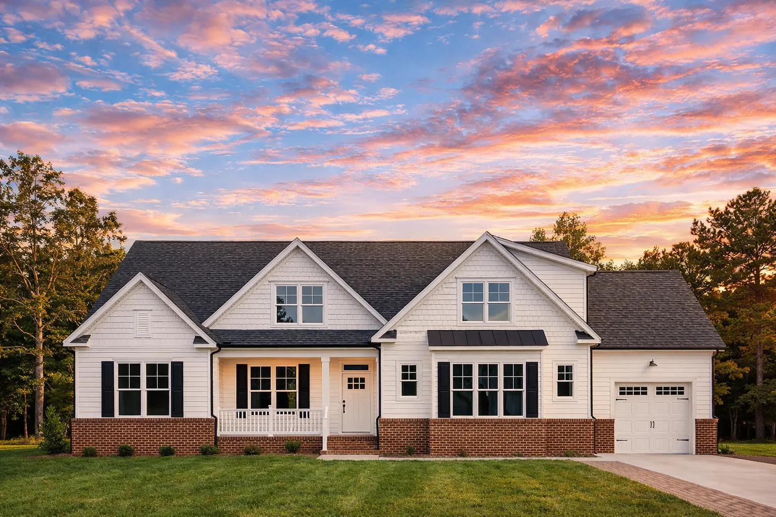 House Plans with Second Floor Laundry Room 9 Front elevation of a New American Craftsman style house featuring horizontal siding, stone accents, gabled rooflines, and a welcoming covered front porch