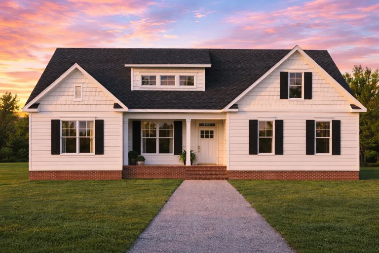 Front view of a Craftsman Ranch style house featuring stone accents, board and batten, and horizontal siding with a welcoming covered porch entry