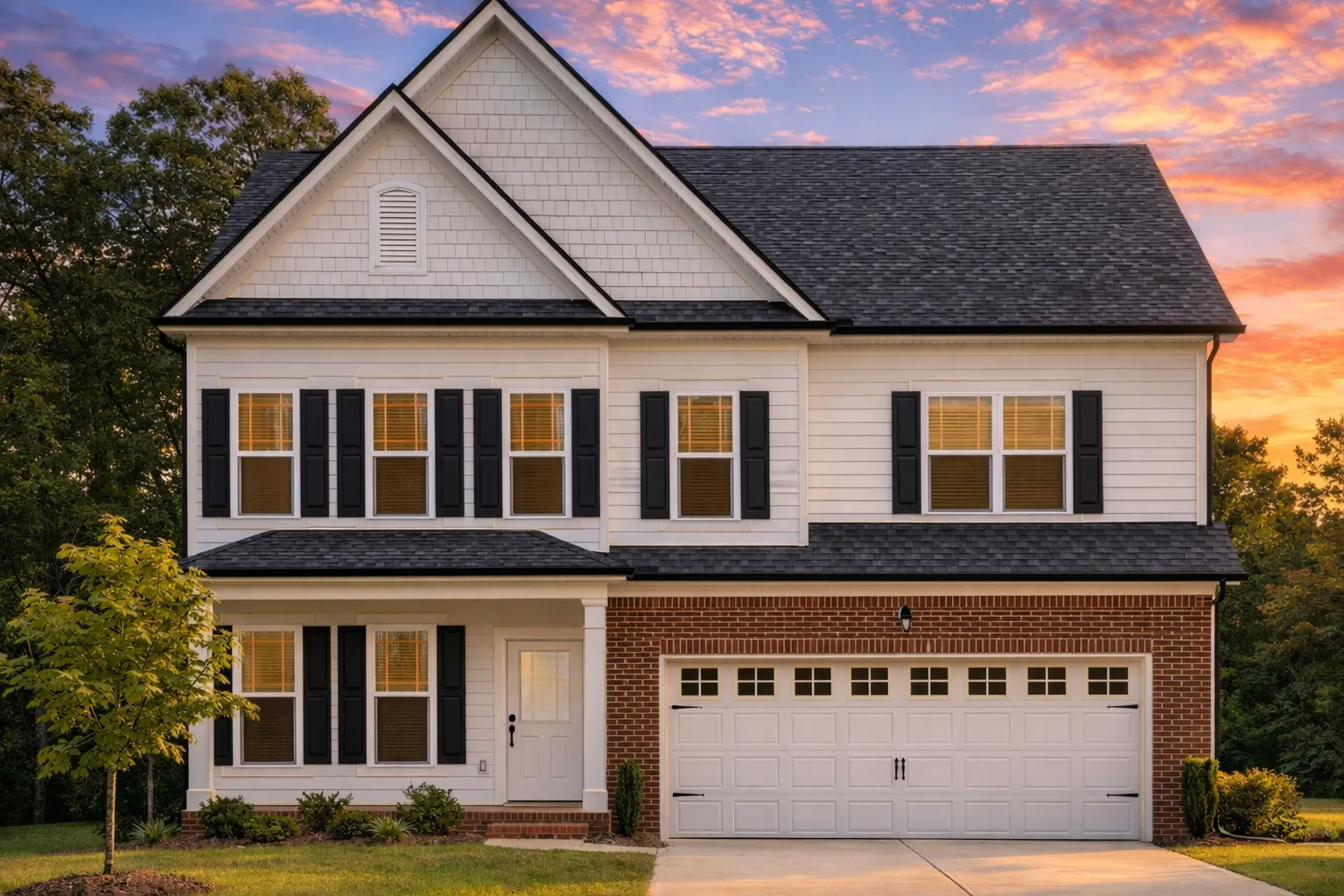 Front view of a Modern Farmhouse style two-story home featuring board and batten siding with stone accents, black window trim, and a two-car garage