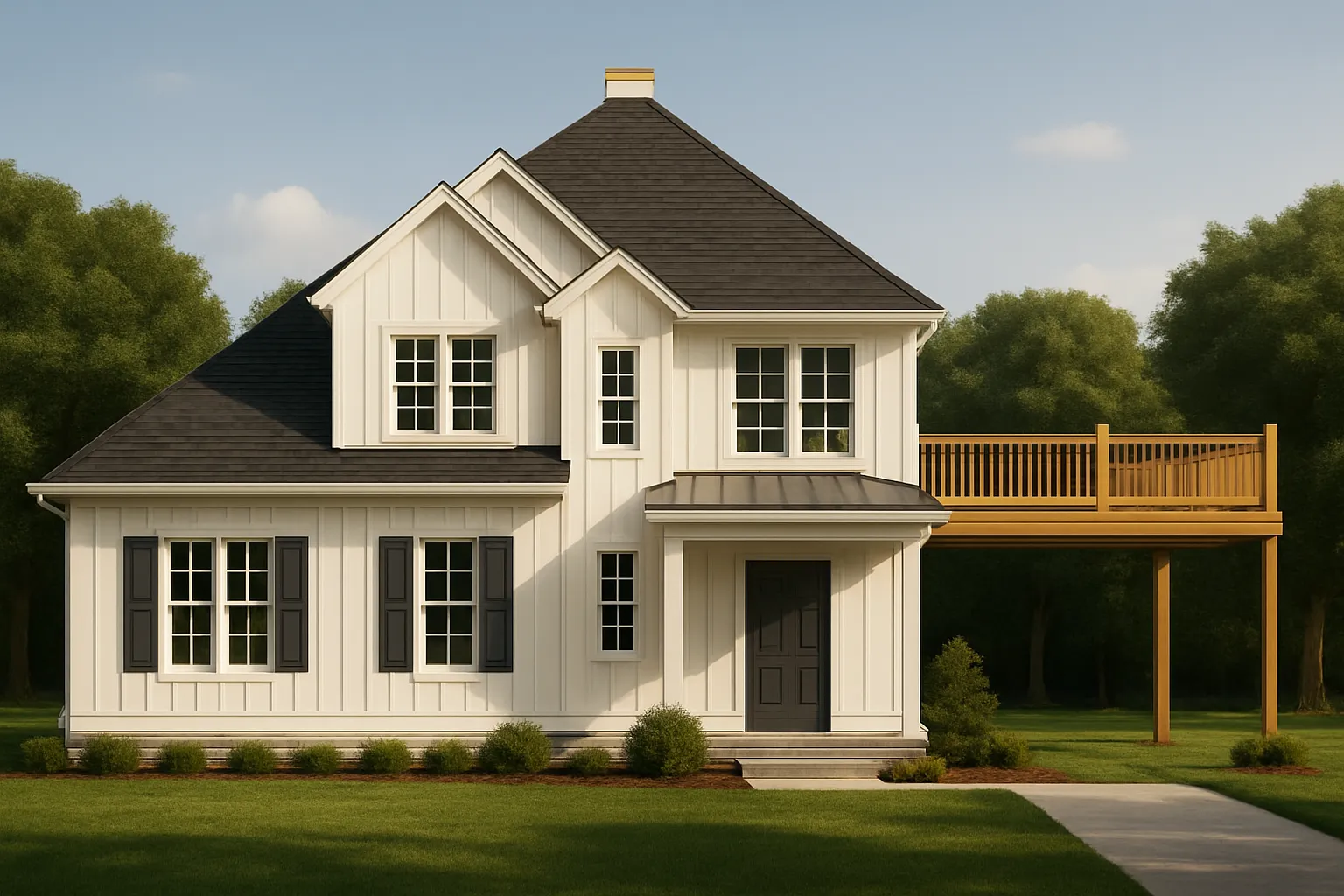 Front view of a Modern Farmhouse featuring board and batten siding, dark shingles, warm wood-tone windows, and an elevated side deck surrounded by trees