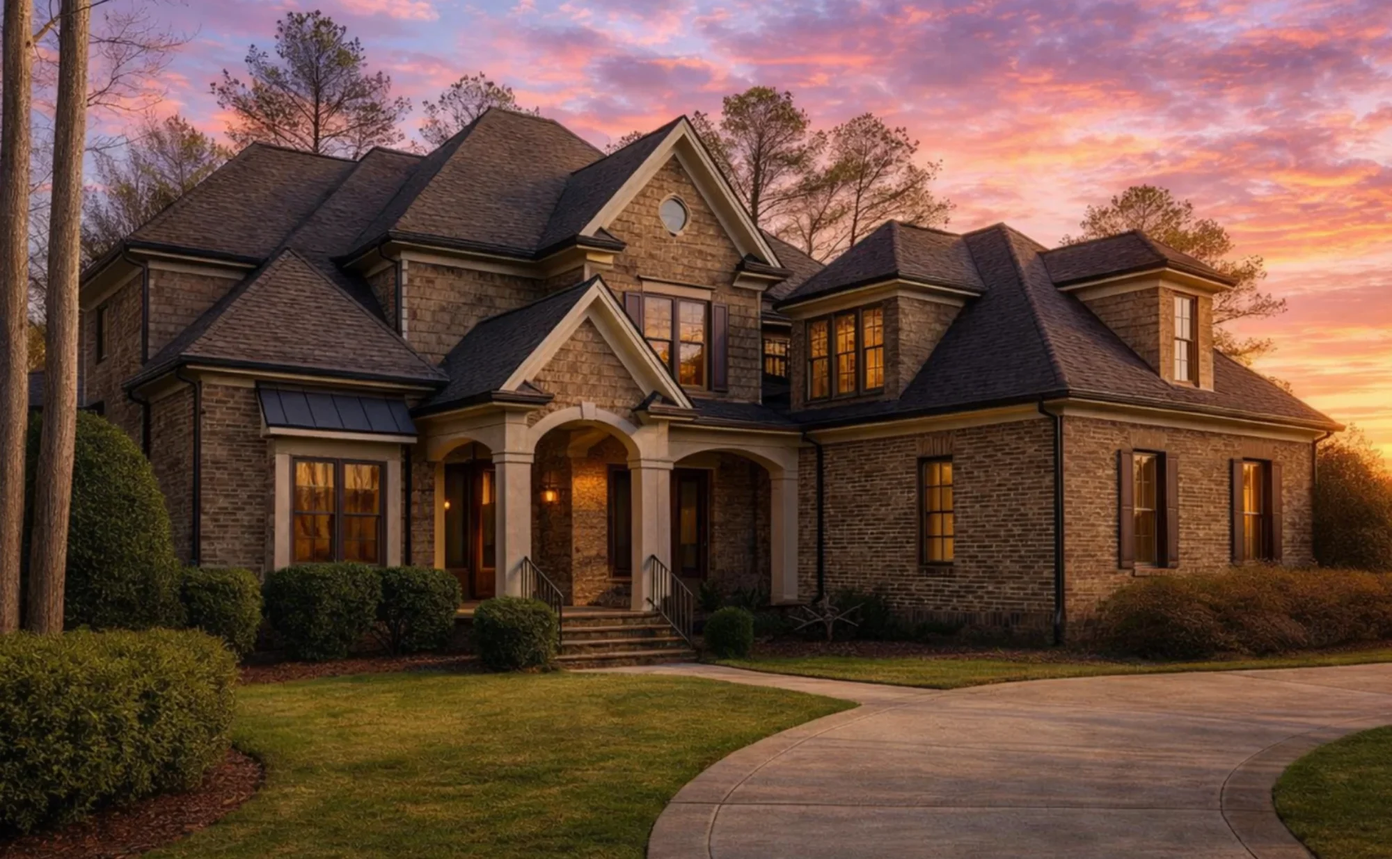 Front elevation of a French Country style luxury home with brick exterior, cedar shake siding, steep gabled rooflines, and arched entry