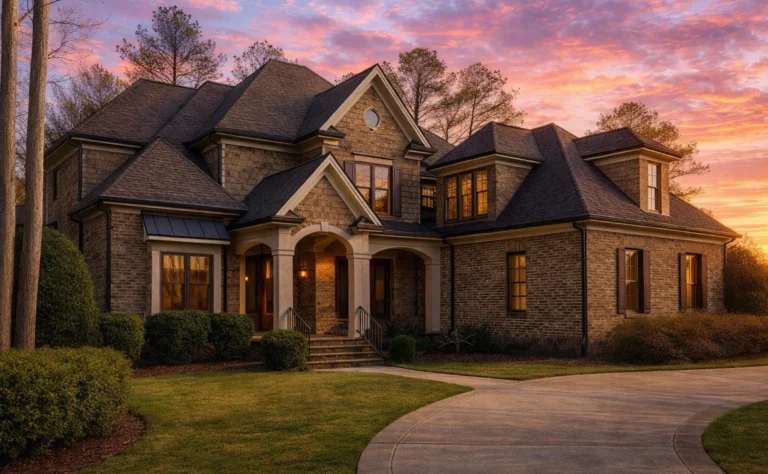 Front elevation of a French Country style luxury home with brick exterior, cedar shake siding, steep gabled rooflines, and arched entry