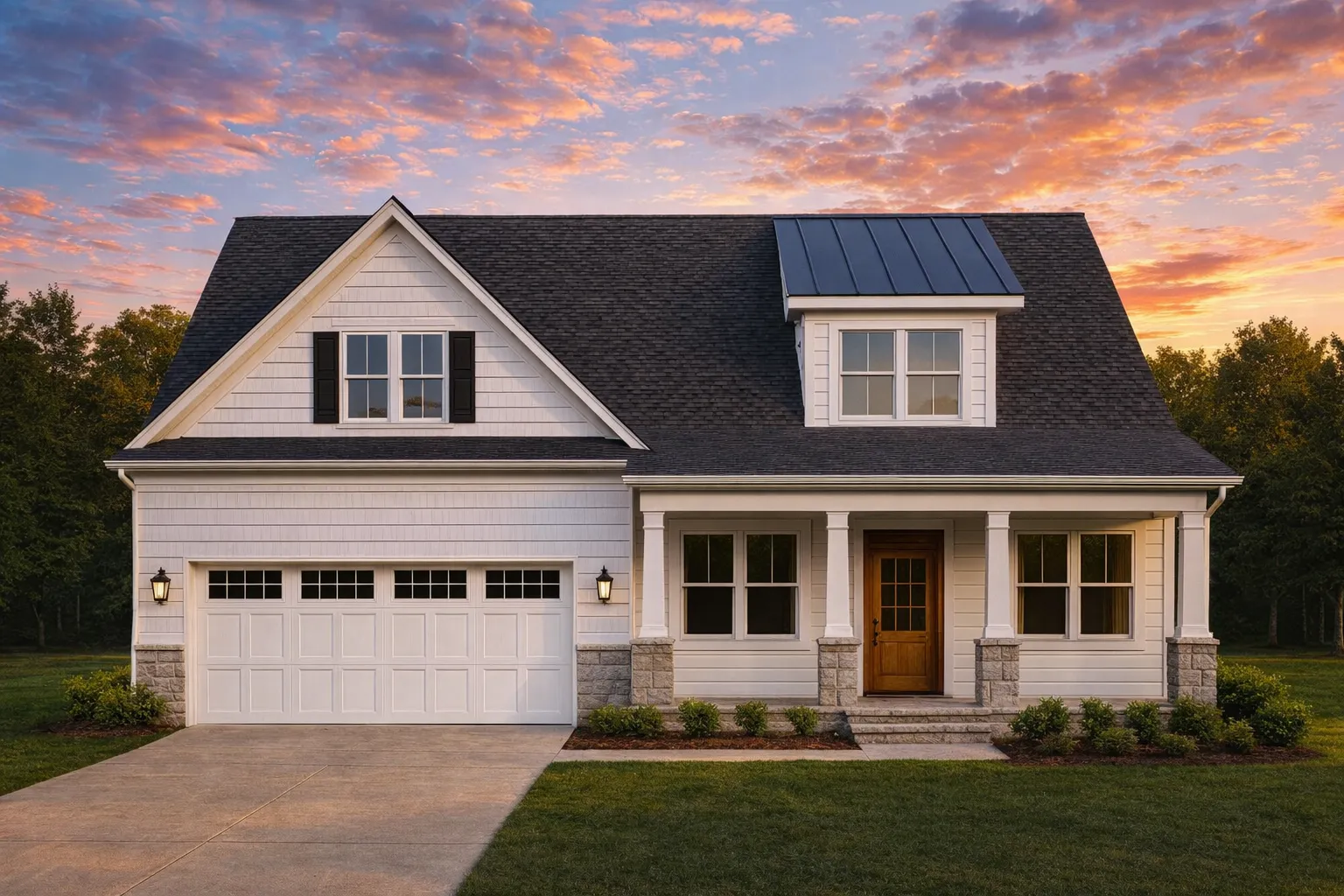 Front view of a Modern Farmhouse Craftsman style home featuring stone and horizontal lap siding, board and batten detailing, and wood accents on the garage and entry door