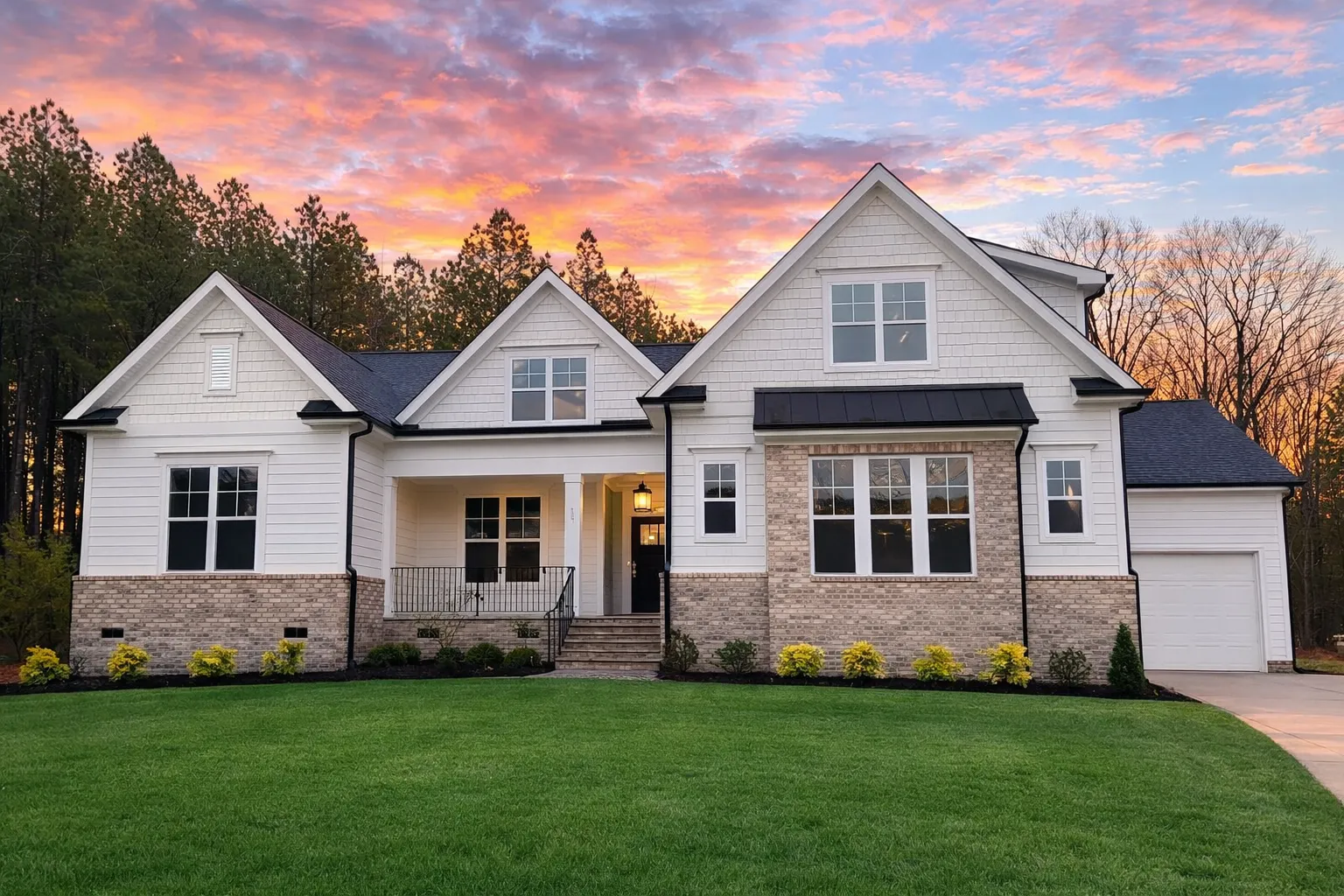Front elevation of a New American Craftsman style house featuring horizontal siding, stone accents, gabled rooflines, and a welcoming covered front porch