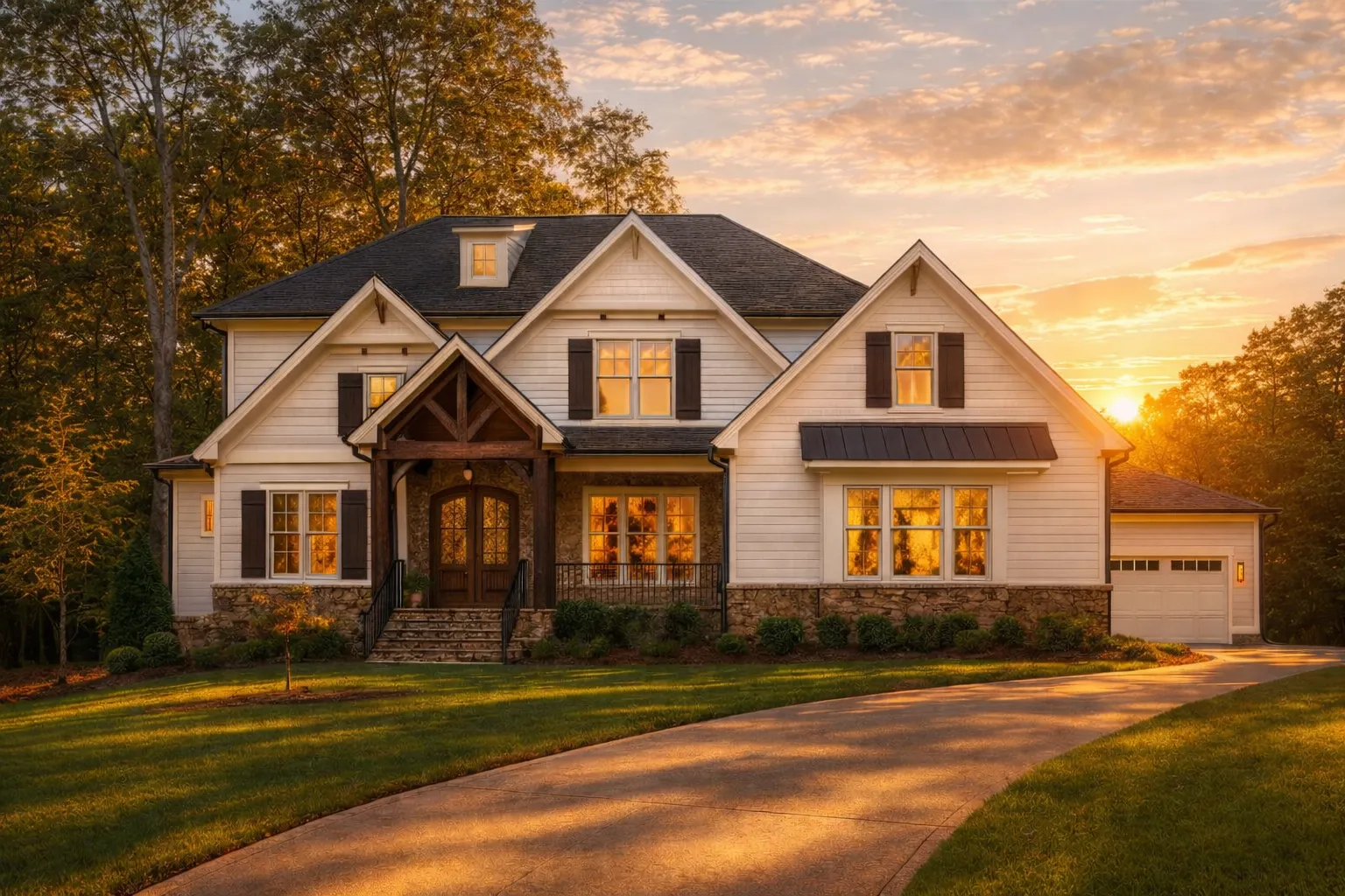 Modern Craftsman House Plans 17 Front elevation of a New American Craftsman style home featuring horizontal lap siding, gabled rooflines, covered porch, and refined traditional detailing