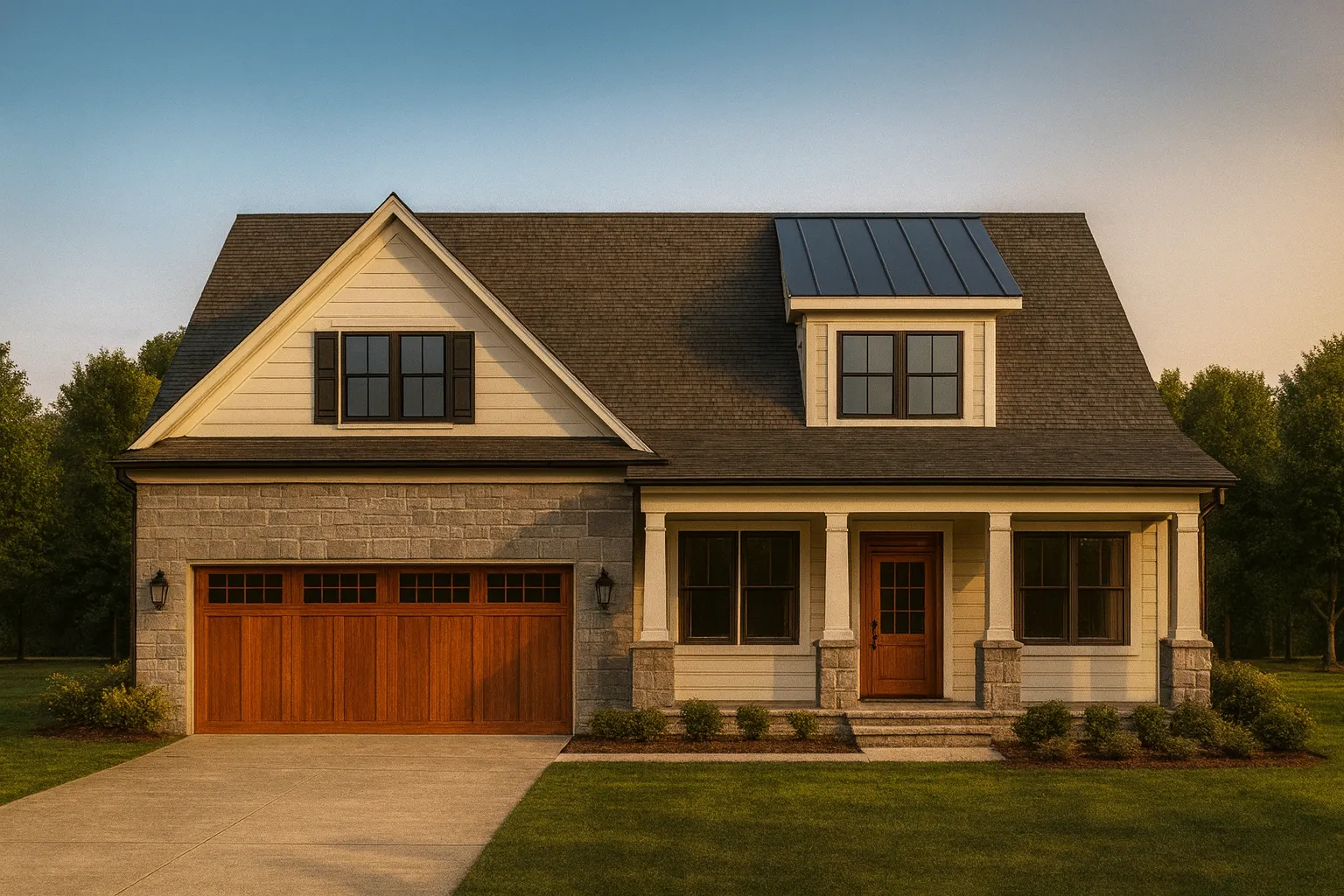 Front view of a Modern Farmhouse Craftsman style home featuring stone and horizontal lap siding, board and batten detailing, and wood accents on the garage and entry door