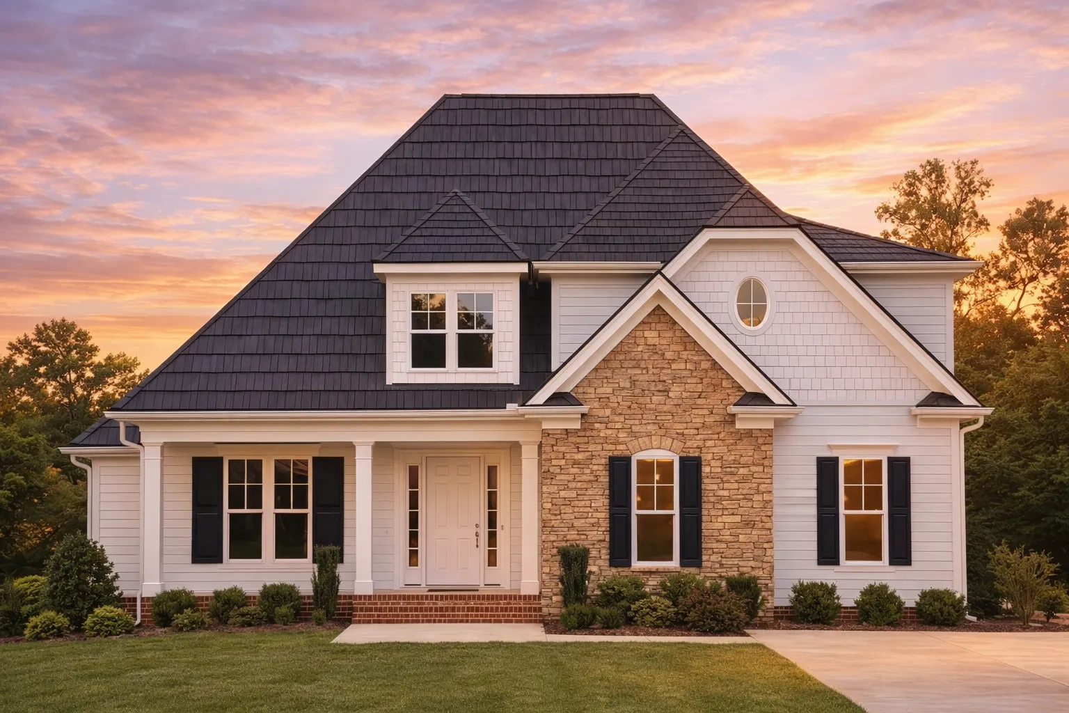 Front elevation of Traditional style home with brick veneer, lap siding, covered porch, and gabled dormer