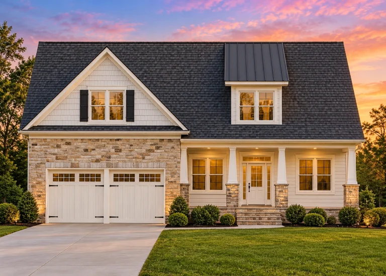 Front view of a Modern Farmhouse Craftsman style home featuring stone and horizontal lap siding, board and batten detailing, and wood accents on the garage and entry door