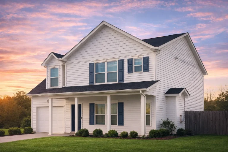 Front elevation of a New American style house with horizontal siding, shingle gable accents, covered front porch, and attached garage