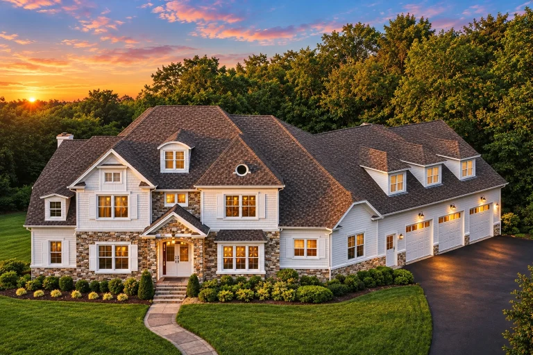 Shingle Style House Plans 22 Front elevation of a Shingle Style Coastal Traditional home featuring cedar shingle siding, stone exterior, symmetrical dormers, and an elegant attached garage