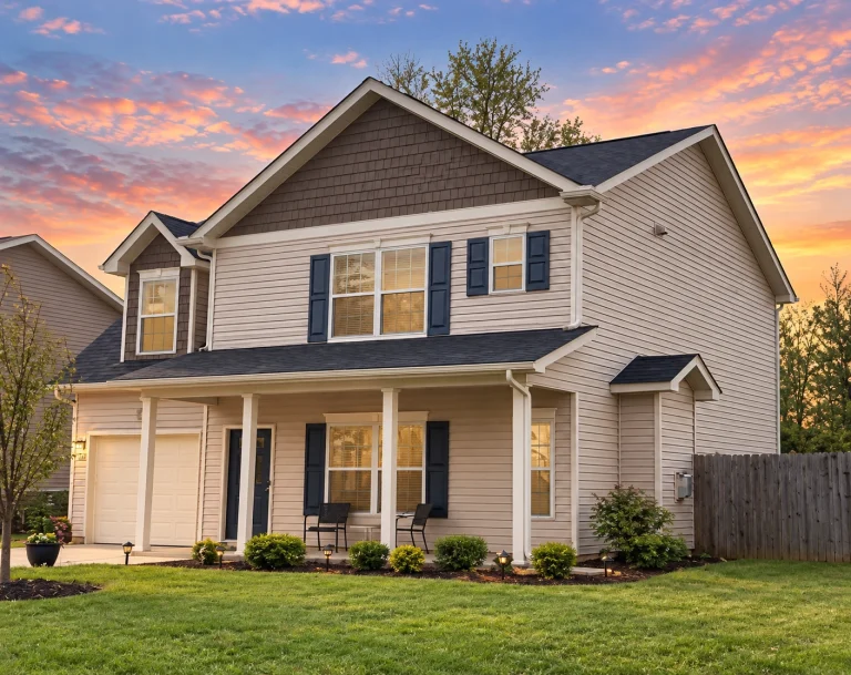 Front elevation of a New American style house with horizontal siding, shingle gable accents, covered front porch, and attached garage