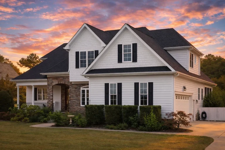 Front elevation of New American style home with brick exterior, horizontal siding, Craftsman-inspired gables, and covered front porch