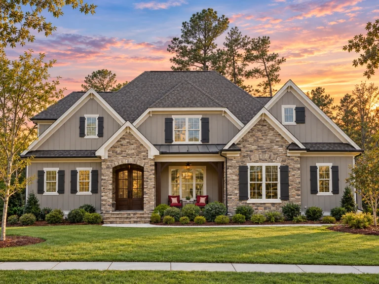Split Garage House Plans 10 Front elevation of a New American Traditional style house featuring stone veneer, board-and-batten siding, gabled rooflines, and symmetrical windows