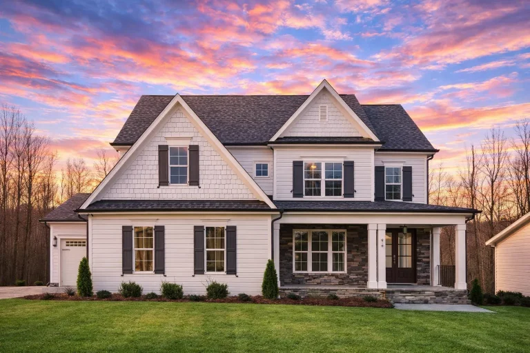 Front elevation of a New American Traditional Colonial style home featuring horizontal siding, stone accents, symmetrical windows, and a covered entry