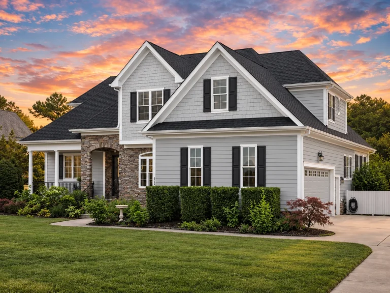 Front elevation of New American style home with brick exterior, horizontal siding, Craftsman-inspired gables, and covered front porch