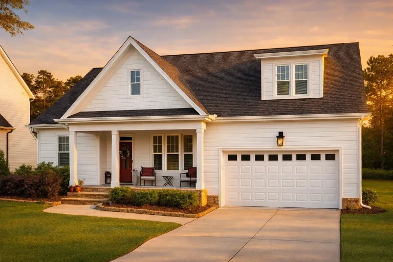 House Plans with Home Office 14 Front elevation of a Cape Cod coastal style home with horizontal siding, covered porch, and attached garage
