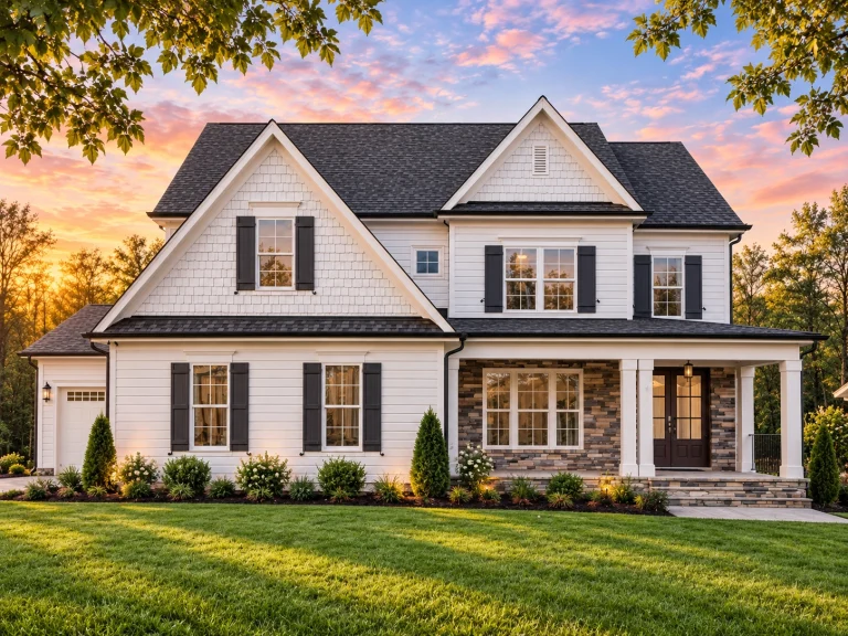 Front elevation of a New American Traditional Colonial style home featuring horizontal siding, stone accents, symmetrical windows, and a covered entry