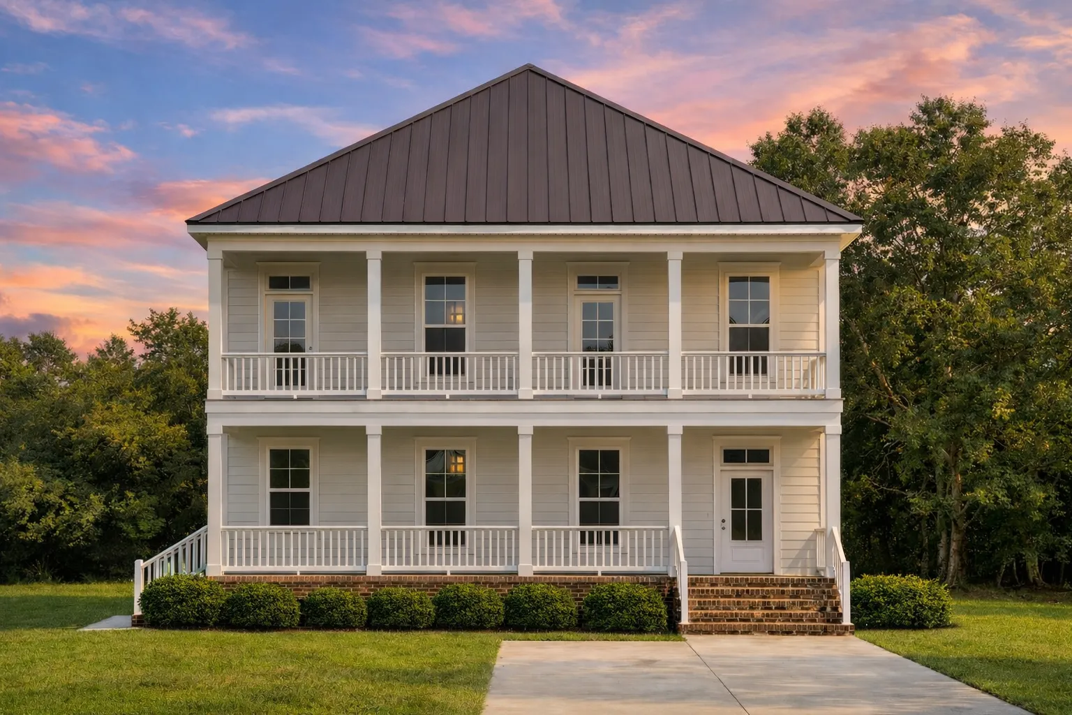 Front elevation of a Southern Low Country Colonial style home with double stacked porches, board and batten siding, and standing seam metal roof