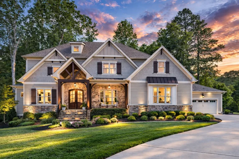 Front elevation of a New American Craftsman style home featuring horizontal lap siding, gabled rooflines, covered porch, and refined traditional detailing