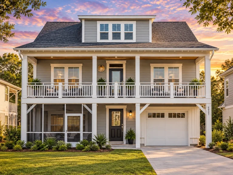 Front elevation of a Coastal Low Country style garage apartment with elevated living space, covered upper porch, horizontal siding, and classic Southern detailing