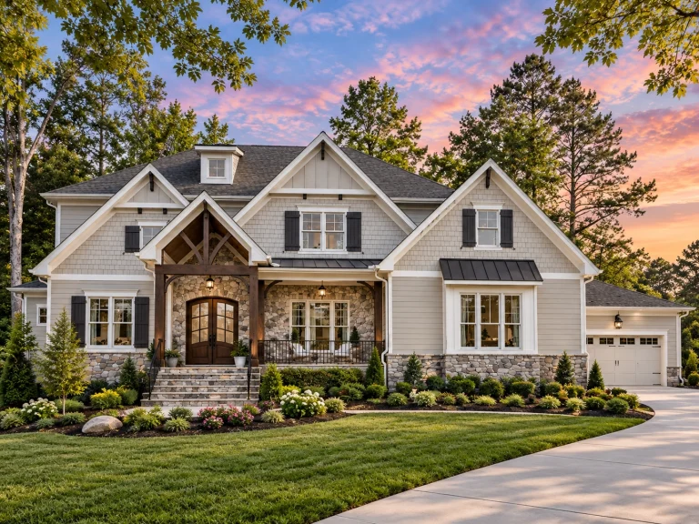 Front elevation of a New American Craftsman style home featuring horizontal lap siding, gabled rooflines, covered porch, and refined traditional detailing