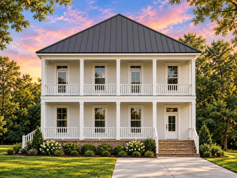 Front elevation of a Southern Low Country Colonial style home with double stacked porches, board and batten siding, and standing seam metal roof
