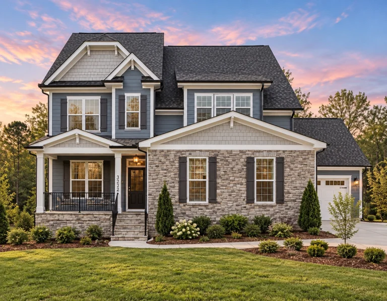 Front elevation of a Traditional Colonial style home with Craftsman influences, featuring blue horizontal lap siding, stone veneer accents, and symmetrical windows.