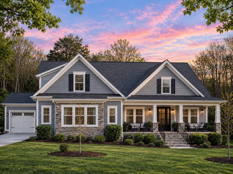 Front exterior of New American Modern Traditional style home with horizontal lap siding, gabled rooflines, shutters, and covered front porch at sunset